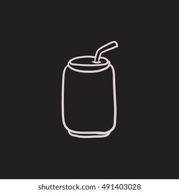 Soda can with drinking straw vector sketch icon isolated on background. Hand drawn Soda can with drinking straw icon. Soda can with drinking straw sketch icon for infographic, website or app.