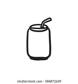 Soda can with drinking straw vector sketch icon isolated on background. Hand drawn Soda can with drinking straw icon. Soda can with drinking straw sketch icon for infographic, website or app.