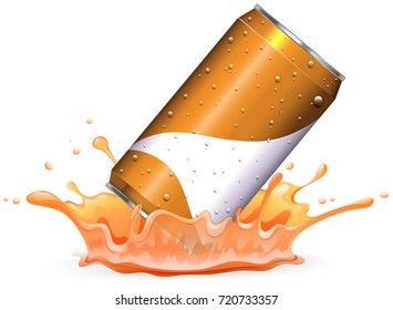 Soda can drops in orangle splash illustration