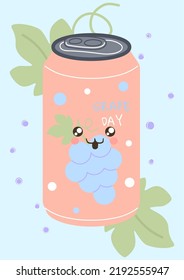 Soda can. Grape flavor beverage, kawaii aluminum jar, cute funny smile face berries and leaves, sweet juice or cocktail in metal bottle. Happy food mascot, isolated illustration