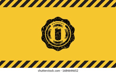 soda can icon black grunge emblem, yellow warning sign. Vector Illustration. Detailed.