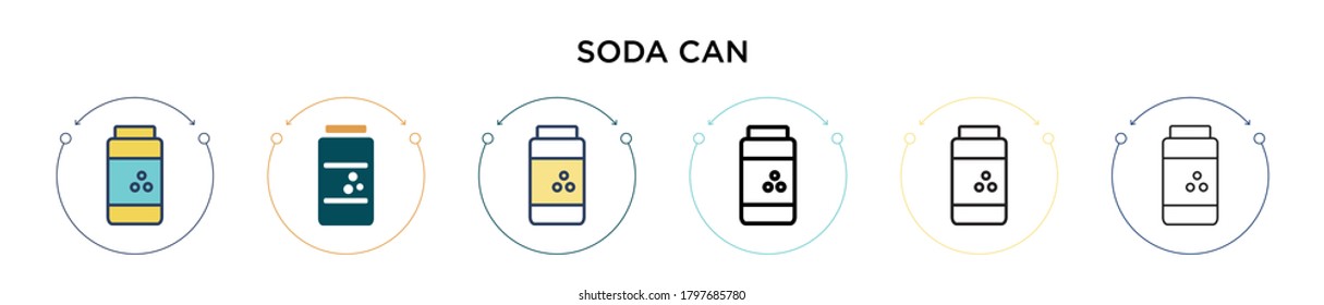 Soda can icon in filled, thin line, outline and stroke style. Vector illustration of two colored and black soda can vector icons designs can be used for mobile, ui, web
