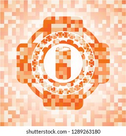 soda can icon inside abstract orange mosaic emblem with background
