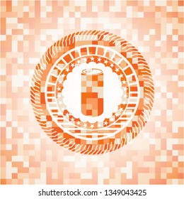 soda can icon inside abstract emblem, orange mosaic background