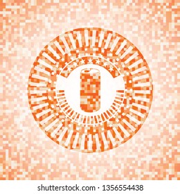 soda can icon inside abstract emblem, orange mosaic background