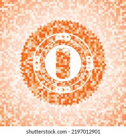 soda can icon inside abstract orange mosaic emblem with background. 