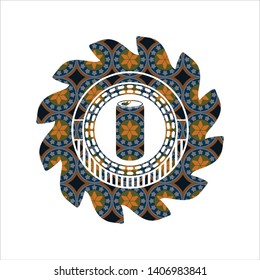 soda can icon inside arabic style badge. Arabesque decoration.