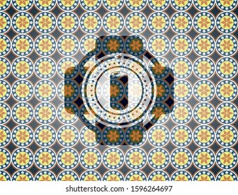 soda can icon inside arabic emblem background. Arabesque decoration.