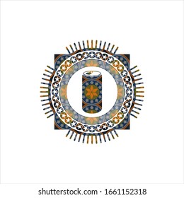 soda can icon inside arabic badge. Arabesque decoration.