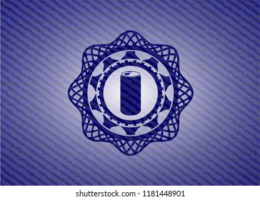 soda can icon inside badge with denim texture