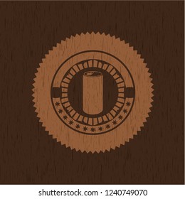 soda can icon inside badge with wood background