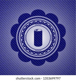 soda can icon inside badge with denim background