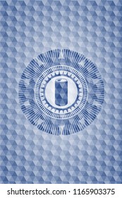 soda can icon inside blue emblem or badge with abstract geometric pattern background.