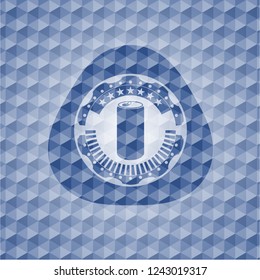 soda can icon inside blue hexagon emblem.