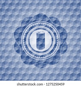 soda can icon inside blue emblem or badge with abstract geometric polygonal pattern background.