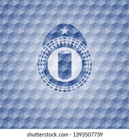 soda can icon inside blue badge with geometric pattern.