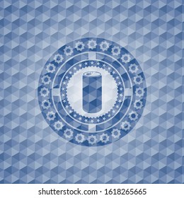 soda can icon inside blue hexagon emblem.