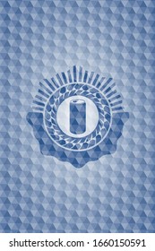 soda can icon inside blue emblem with geometric pattern background.