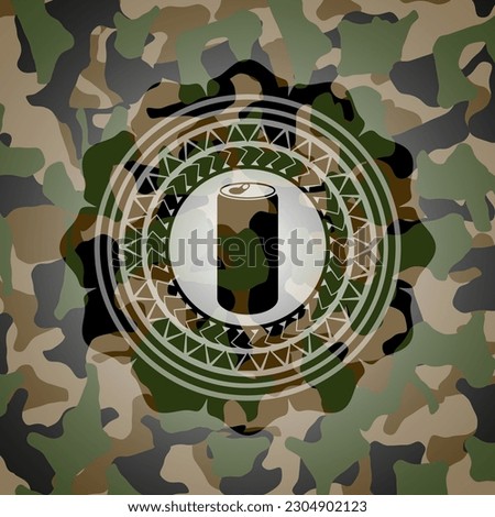 soda can icon inside camouflaged emblem. 