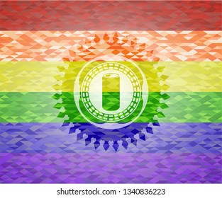 soda can icon inside emblem on mosaic background with the colors of the LGBT flag