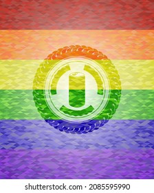 soda can icon inside emblem on mosaic background with the colors of the LGBT flag. 