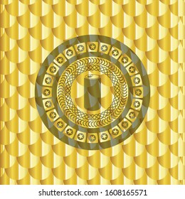 soda can icon inside gold shiny emblem. Scales pattern. Vector Illustration. Detailed.
