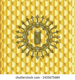 soda can icon inside golden badge. Scales pattern. Vector Illustration. Detailed.