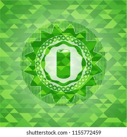 soda can icon inside green emblem. Mosaic background