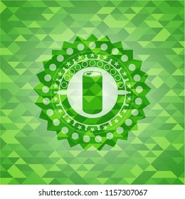 soda can icon inside green emblem. Mosaic background
