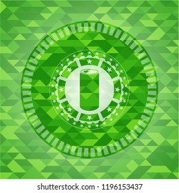 soda can icon inside green emblem with mosaic ecological style background