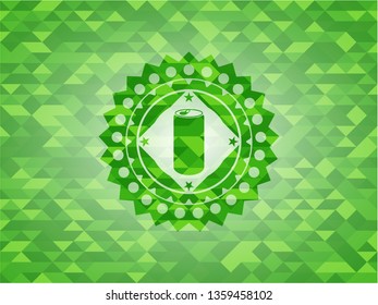 soda can icon inside green emblem with mosaic ecological style background