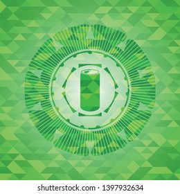 soda can icon inside green emblem with mosaic ecological style background