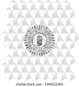 soda can icon inside grey emblem with geometric cube white background