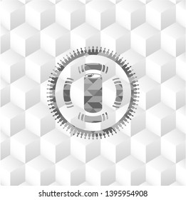 soda can icon inside grey emblem with geometric cube white background