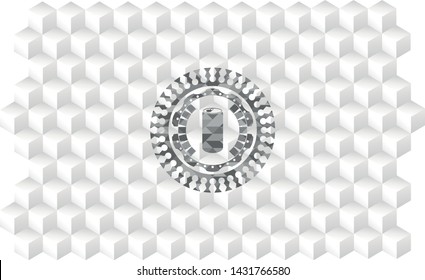 soda can icon inside grey icon or emblem with geometric cube white background