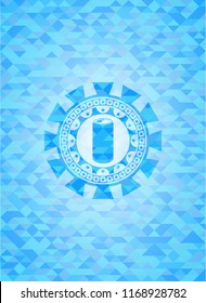 soda can icon inside light blue emblem with triangle mosaic background