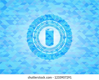soda can icon inside light blue emblem with mosaic background