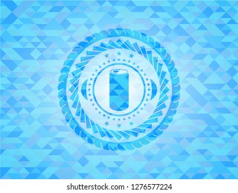 soda can icon inside light blue emblem with mosaic ecological style background