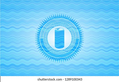 soda can icon inside light blue water wave emblem.