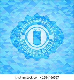soda can icon inside light blue emblem. Mosaic background