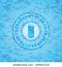 soda can icon inside light blue emblem with triangle mosaic background