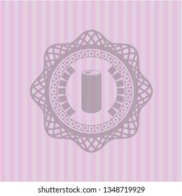 soda can icon inside pink emblem. Vintage.