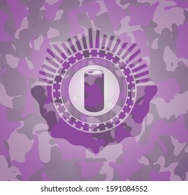 soda can icon inside pink and purple camouflaged emblem