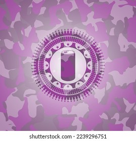 soda can icon inside pink and purple camouflaged emblem. 