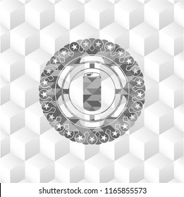 soda can icon inside realistic grey emblem with geometric cube white background