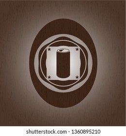 soda can icon inside realistic wood emblem