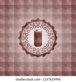soda can icon inside red emblem or badge with geometric pattern background. Seamless.