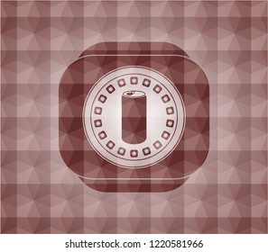 soda can icon inside red seamless badge with geometric pattern.