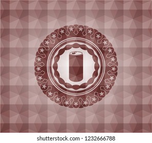 soda can icon inside red seamless emblem or badge with abstract geometric polygonal pattern background.