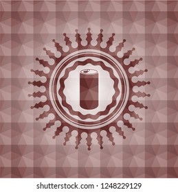 soda can icon inside red seamless emblem or badge with abstract geometric pattern background.